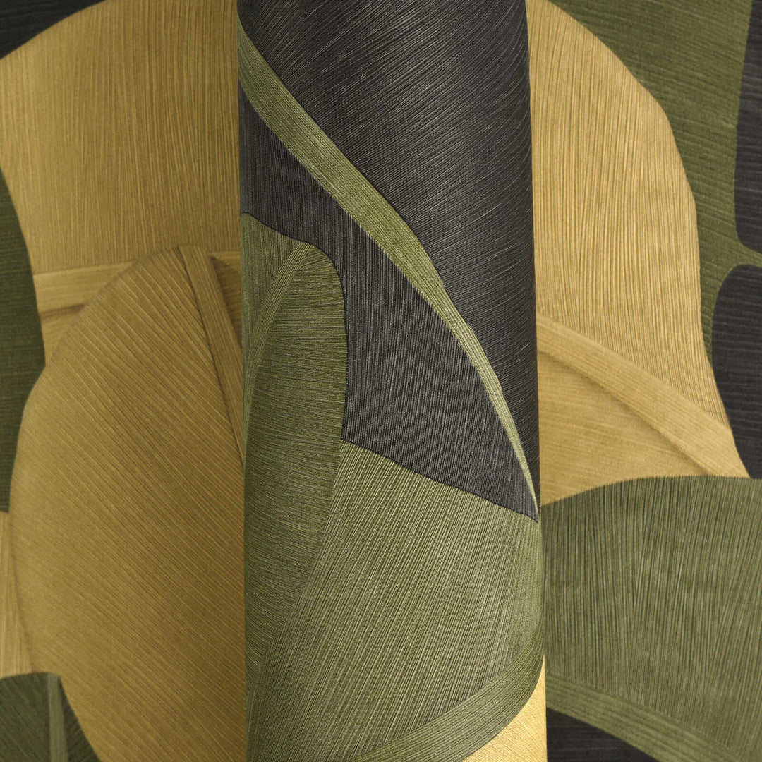 Teksturētas tapetes ar abstraktu lapu dizainu - dzeltena, zaļa, melna AS Creation