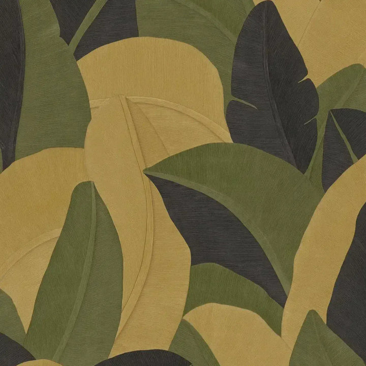 Teksturētas tapetes ar abstraktu lapu dizainu - dzeltena, zaļa, melna AS Creation