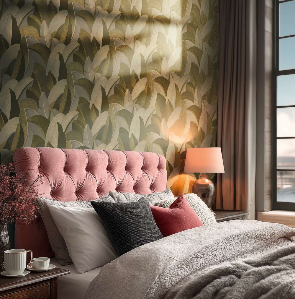 Teksturētas tapetes ar abstraktu lapu dizainu - zaļa, bēša, pelēka  AS Creation