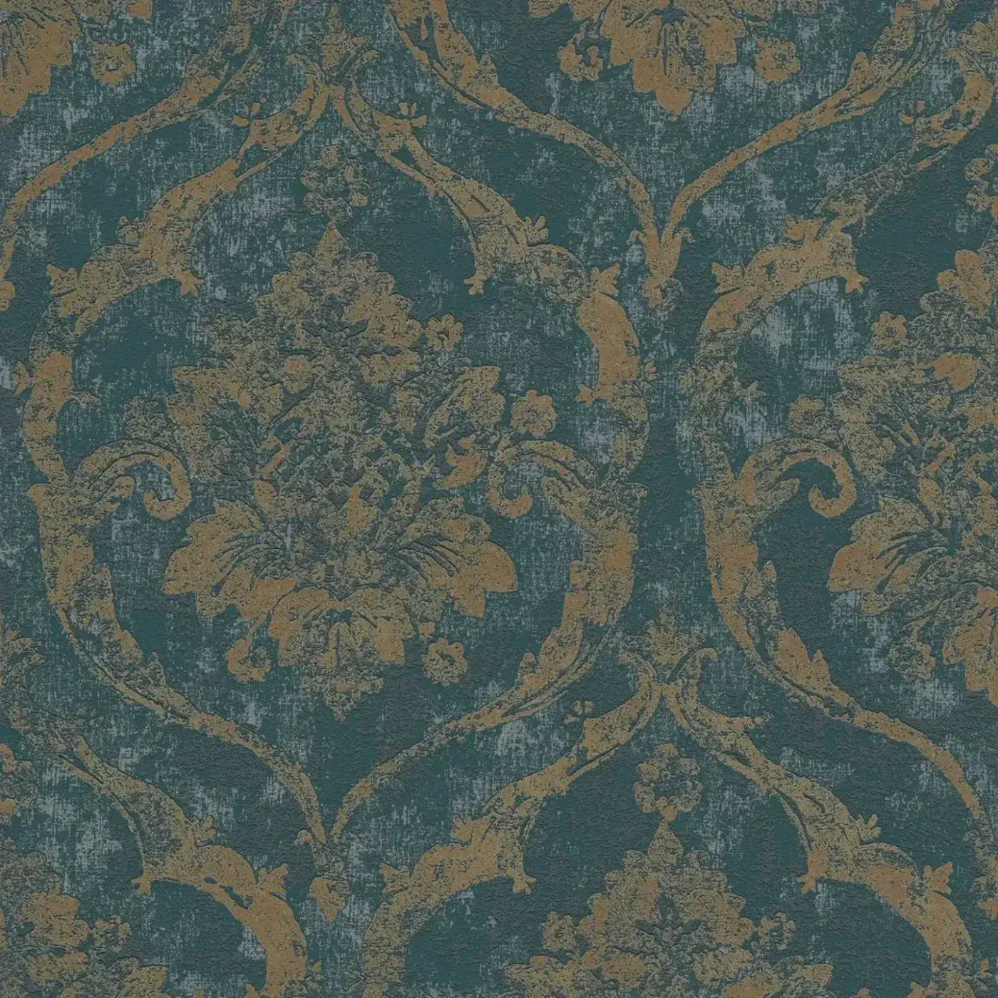 Lähikuva vihreästä ja kultaisesta tapetista, jossa on tyylikäs damastikuvio. SKU: 3007260, AS Creation.