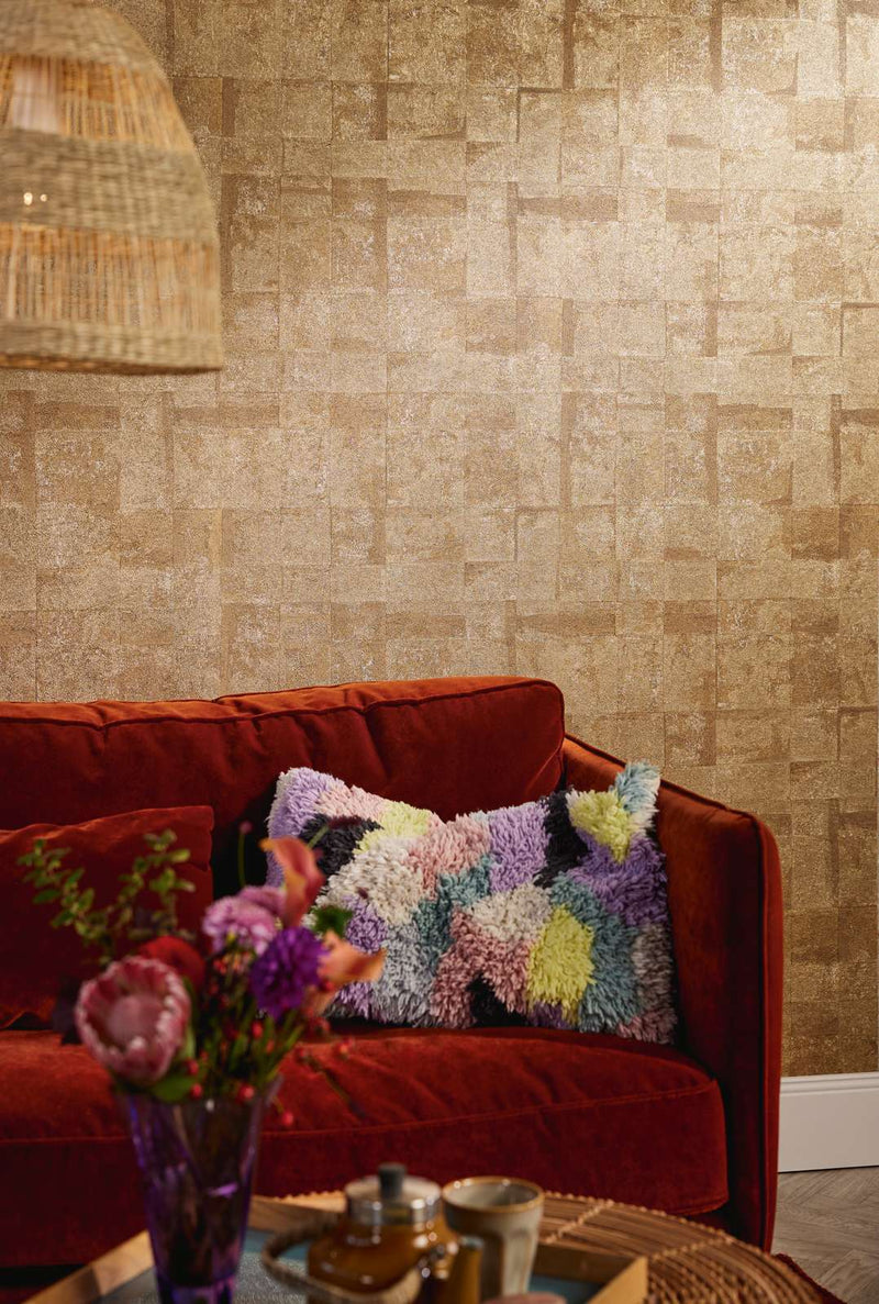 Textured wallpaper with tile appearance and metallic effect, gold - 1406647 AS Creation