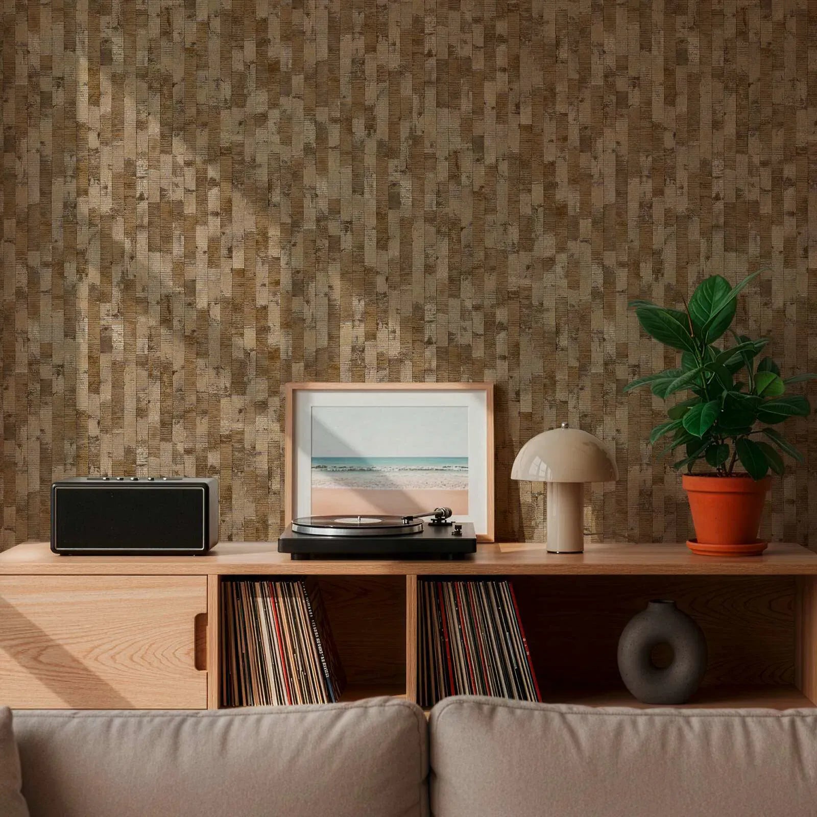 Brown wallpaper with vertical panel design and texture in a classic living room. SKU: 3007104, AS Creation.