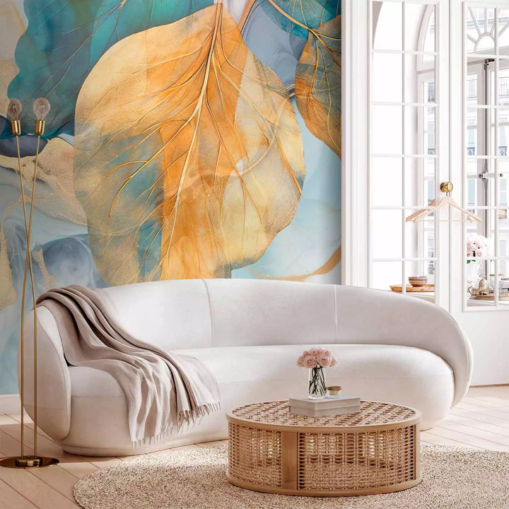 Valokuvatapetti - Oransseja ja turkooseja lehtiä sumuisella taustalla, 151907