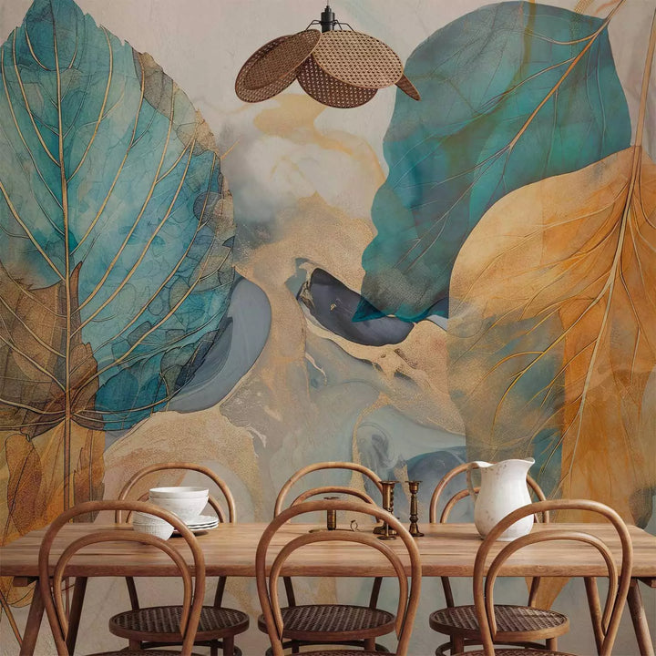 Valokuvatapetti - Oransseja ja turkooseja lehtiä sumuisella taustalla, 151907