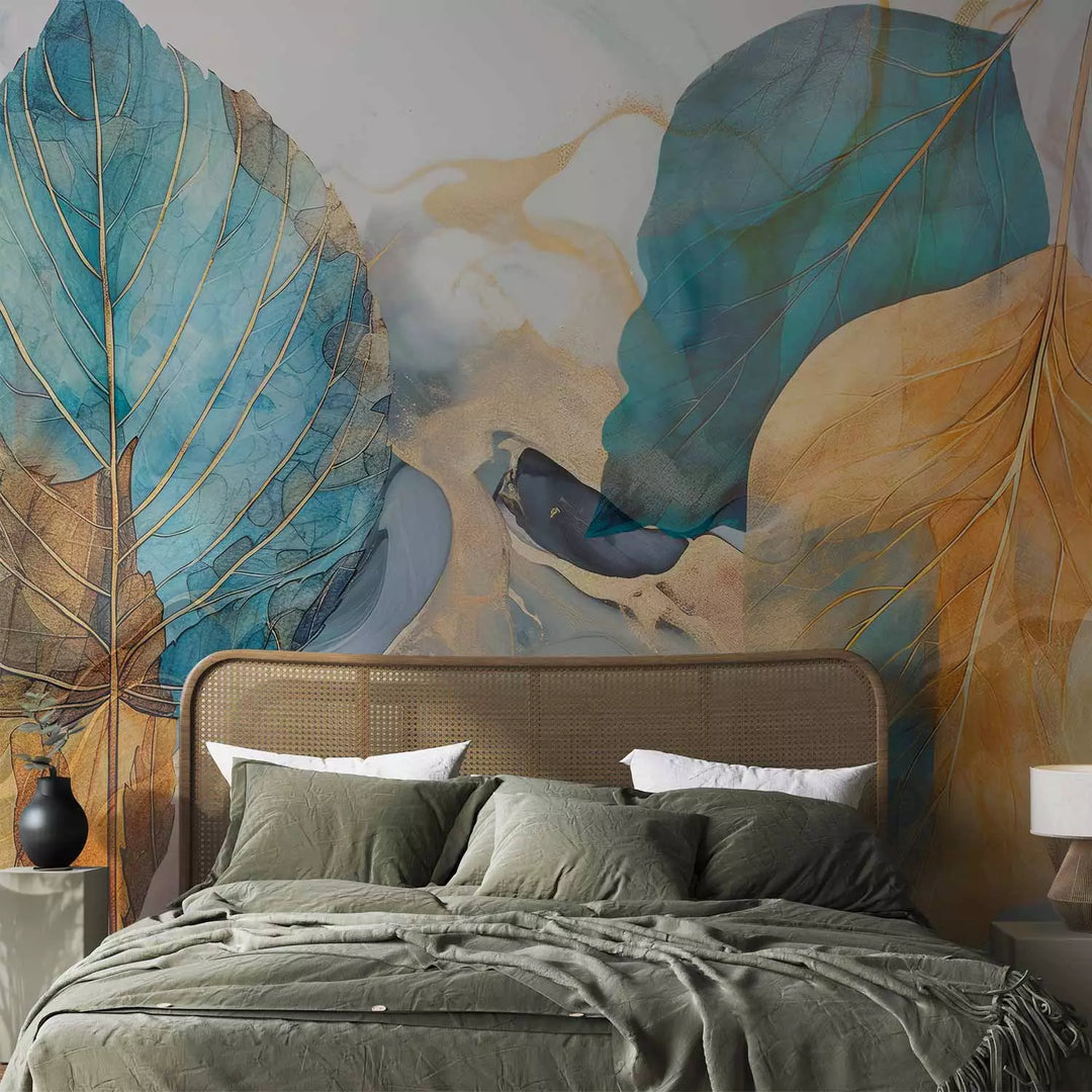 Valokuvatapetti - Oransseja ja turkooseja lehtiä sumuisella taustalla, 151907