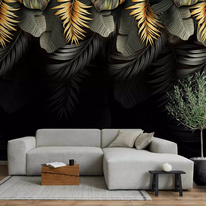 Wall Murals - Tropical leaves in green and gold shades, 142318
