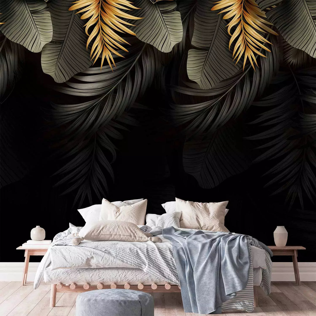 Wall Murals - Tropical leaves in green and gold shades, 142318