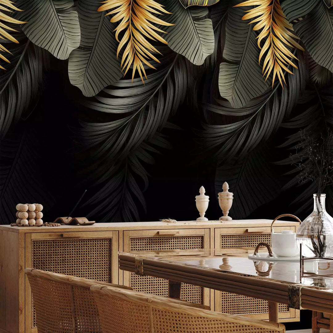 Wall Murals - Tropical leaves in green and gold shades, 142318