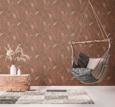 Tropical non-woven wallpaper with large palm leaves - reddish brown, 1375765 AS Creation