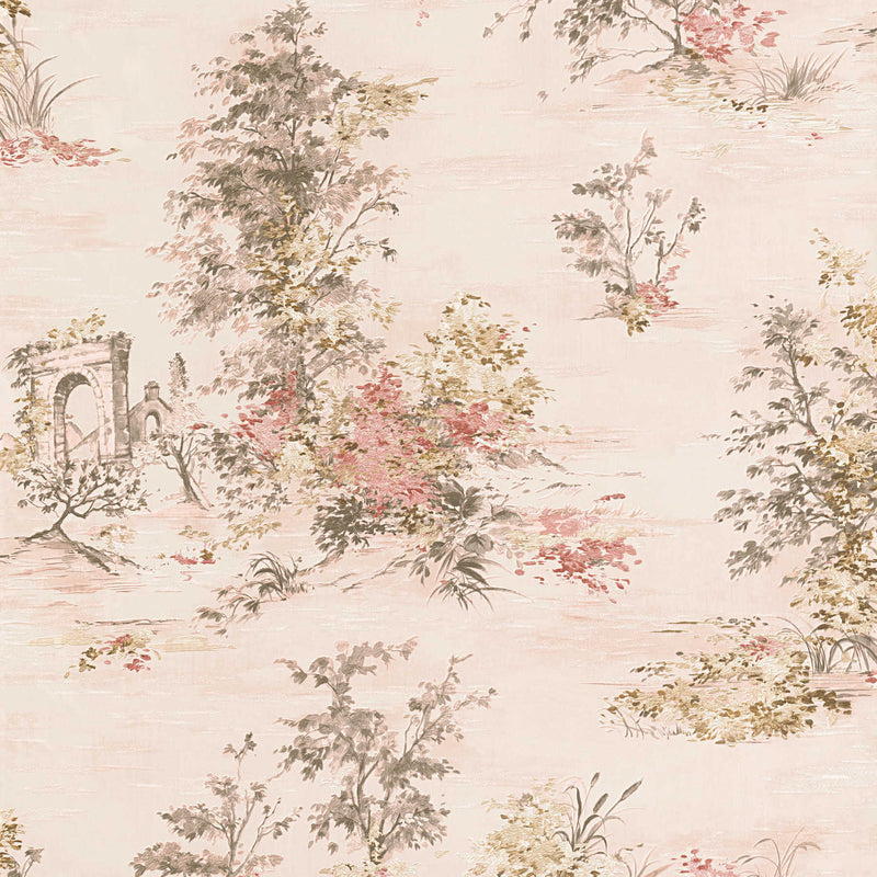Vēsturiskā stila tapetes ar ainavas motīvu, rozā toņos, 1122244 AS Creation