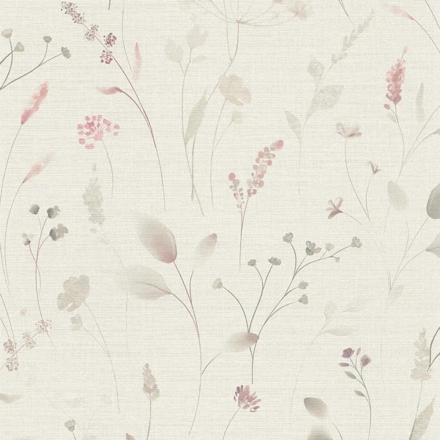 Lähikuva: ympäristöystävällinen matta tapetti, jossa on kukkia ja ruohon kuviointia. SKU: 3012227, AS Creation.