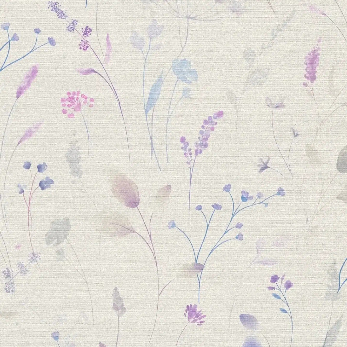 Detalus vaizdas: balti ir violetiniai tapetai su gėlėmis ir augalų tekstūromis. SKU: 3012226, AS Creation.