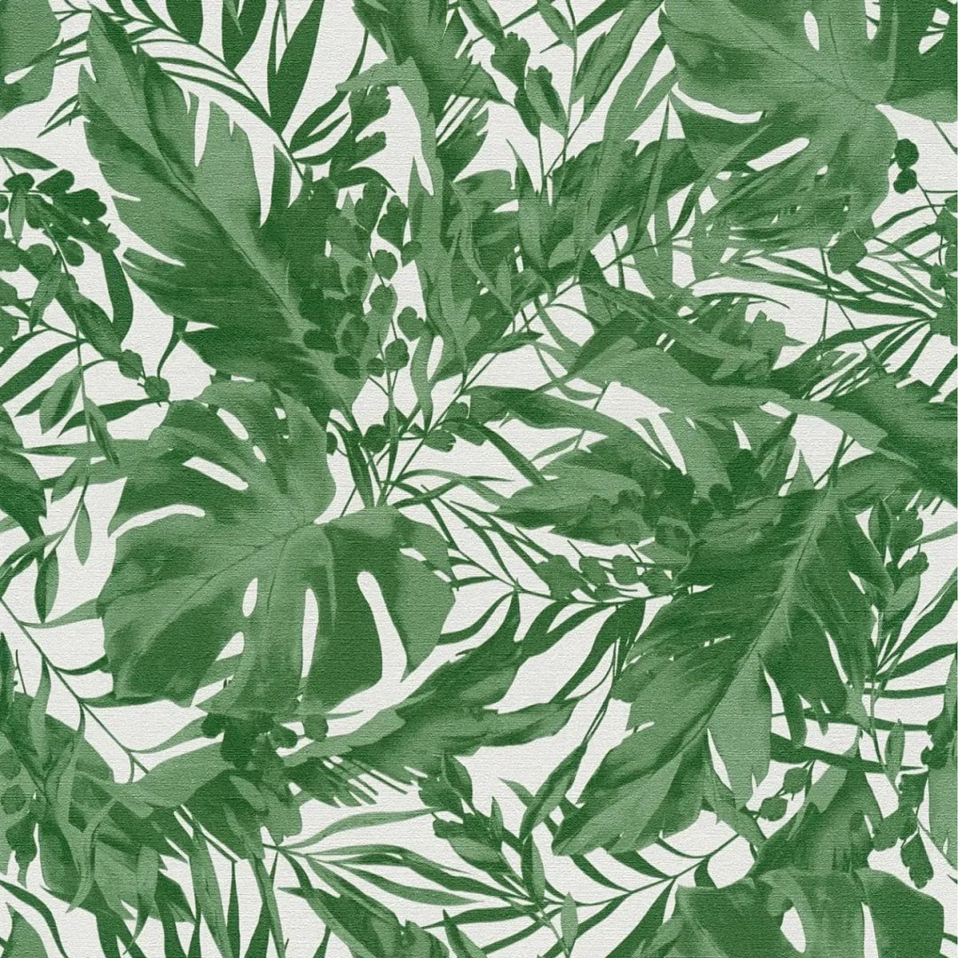 Viegli teksturētas neaustas tapetes ar tropu lapu motīvu, matētas | zaļas, baltas | 3010152 AS Creation