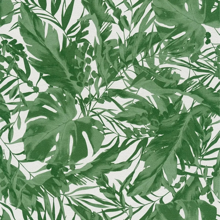 Viegli teksturētas neaustas tapetes ar tropu lapu motīvu, matētas | zaļas, baltas | 3010152 AS Creation