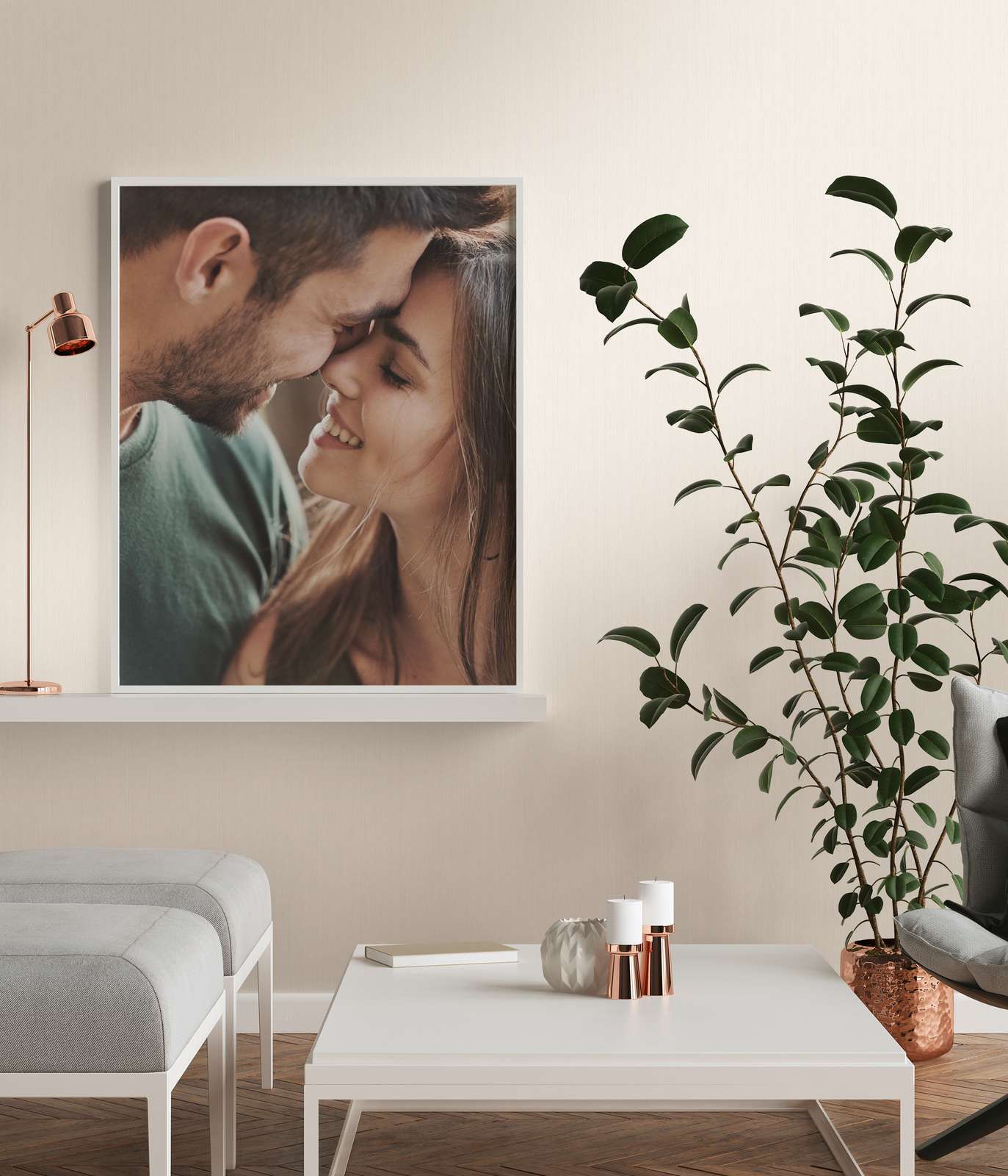 Solid-color, cream-and-beige wallpaper with a matte finish—in a living room interior