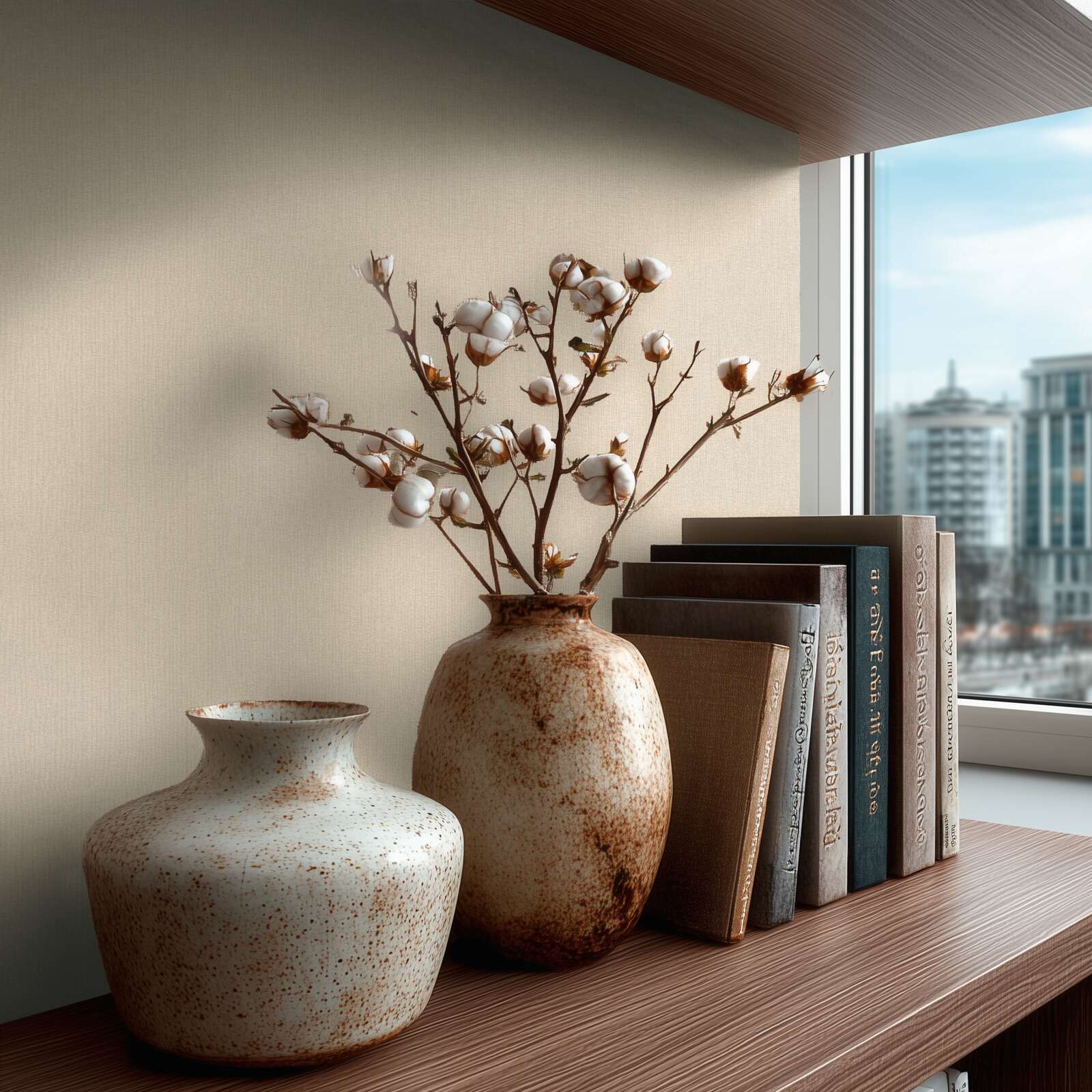 Bēšas vienkrāsainas tapetes ar dabisku audekla izskatu mājīgā viesistabā. SKU: 3007126, AS Creation.