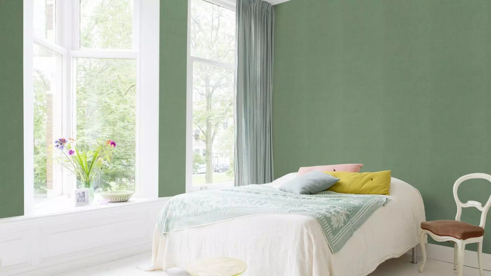 Vienkrāsainas tapetes ar tekstila faktūru zaļā krāsā, 633191 RASCH