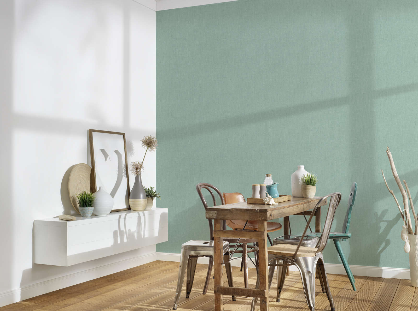 Vienkrāsainas tapetes ar tekstila izskatu - zaļa, tirkīza, 396511 AS Creation