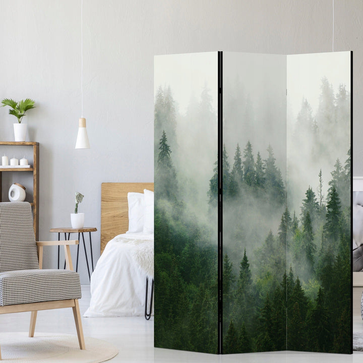 Vienpusējs aizslietnis, 135x172, Miglainais mežs, ar dabiskiem toņiem, mieru un ziemeļniecisku noskaņu L-ART