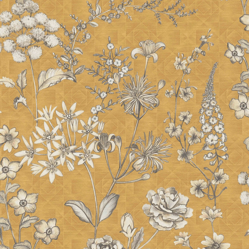 Vintāžas flizelīna tapetes ar ziedu rakstu - dzeltenā krāsā, 1374004 AS Creation