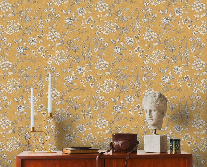 Vintages Non-woven Wallpaper with floral pattern - yellow, 1374004 AS Creation