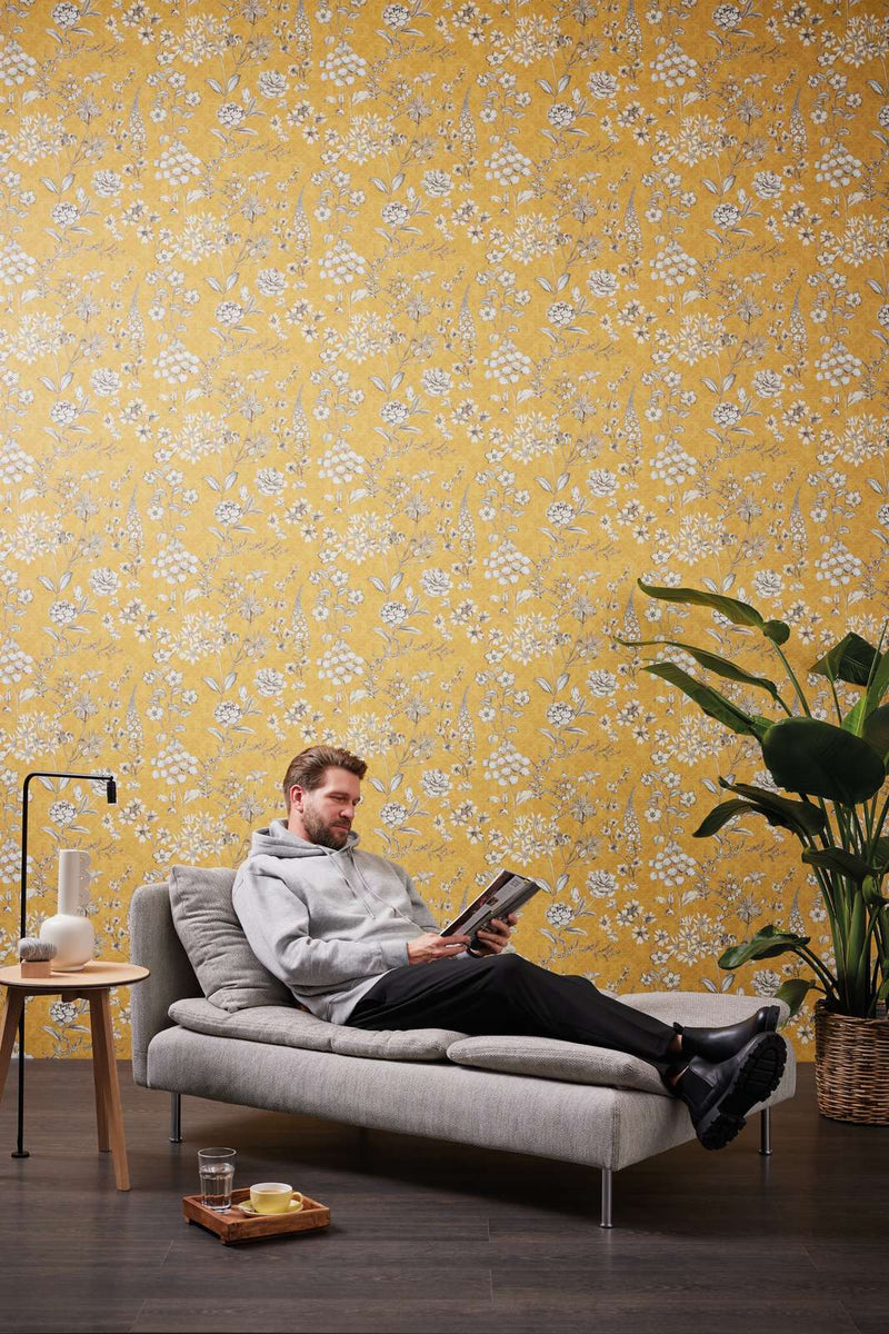 Vintages Non-woven Wallpaper with floral pattern - yellow, 1374004 AS Creation