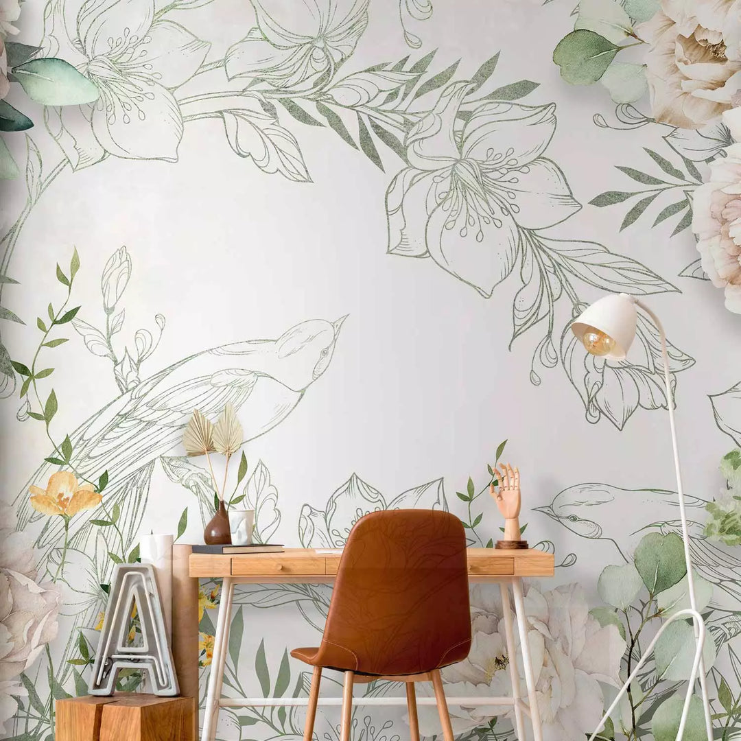 Фотообои - Яркие цветы, зеленые листья с птицами, 148836