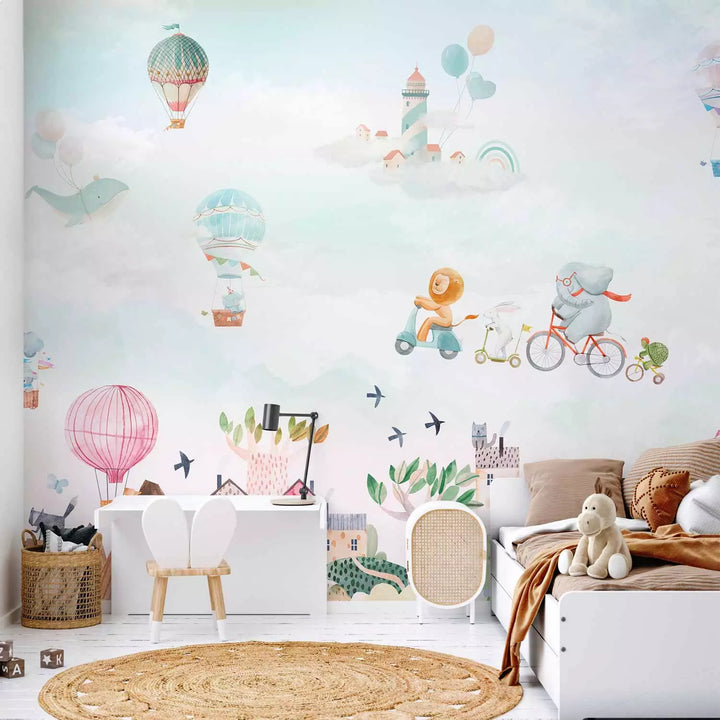 Fototapetes -  Brīnumzeme - Dzīvnieki lido virs pilsētas, 149228