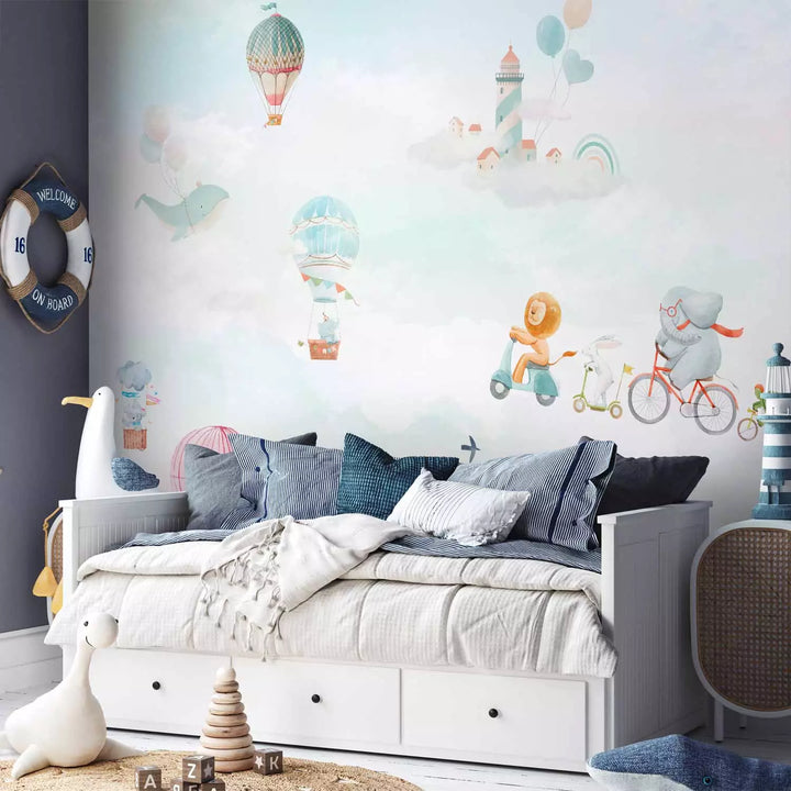 Fototapetes -  Brīnumzeme - Dzīvnieki lido virs pilsētas, 149228