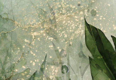 XXL izmēra glezna - Rīta rasa - kompozīcija ar lapām uz zaļa fona, 151481 G-ART