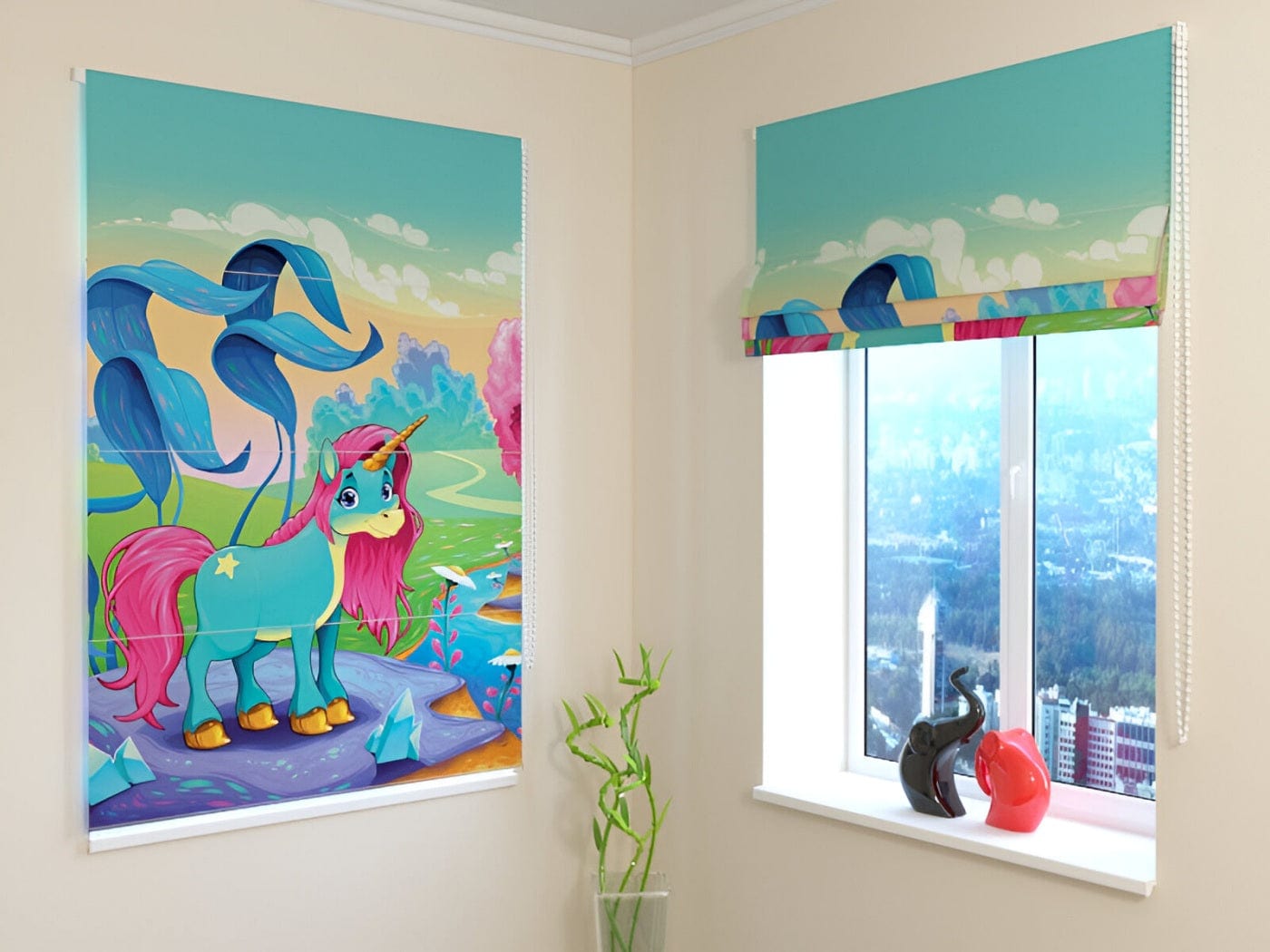 Žalūzijas bērnistabai - Laimīgs vienradzis - dažādi auduma veidi Tapetenshop.lv