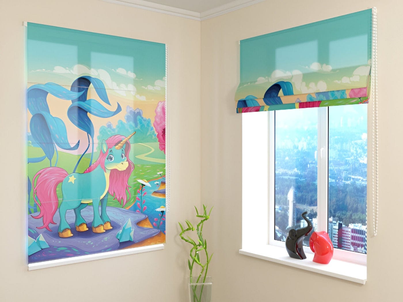 Žalūzijas bērnistabai - Laimīgs vienradzis - dažādi auduma veidi Tapetenshop.lv