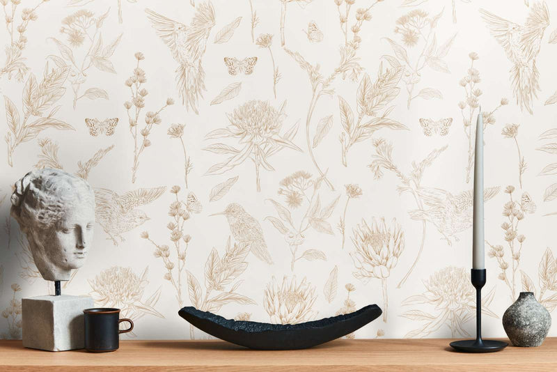 Floral wallpaper with leaves and birds, white and beige, 1402063 AS Creation