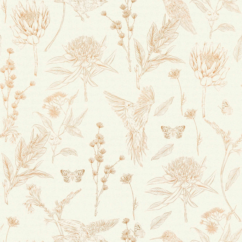 Floral wallpaper with leaves and birds, white and beige, 1402063 AS Creation