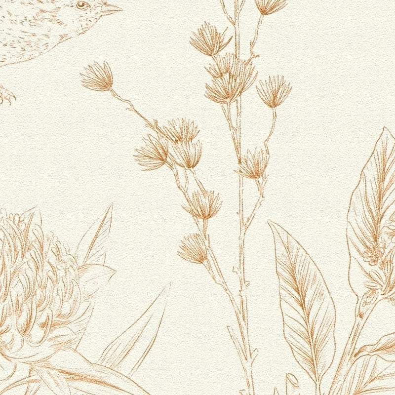 Gėlių tapetai su lapais ir paukščiais, baltos ir smėlio spalvos, 1402063 AS Creation