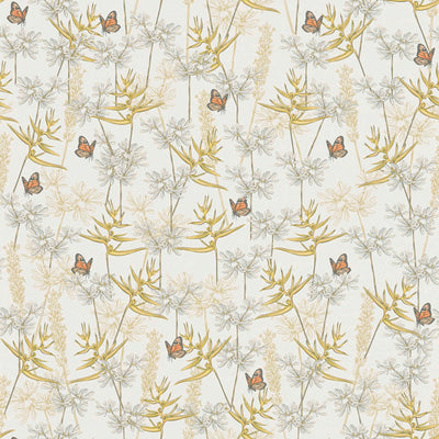 Floral wallpaper with grass and butterflies, matt texture, white and yellow, 1401767 AS Creation
