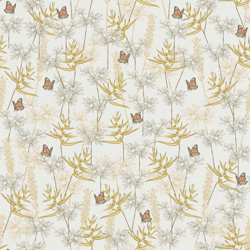 Floral wallpaper with grass and butterflies, matt texture, white and yellow, 1401767 AS Creation