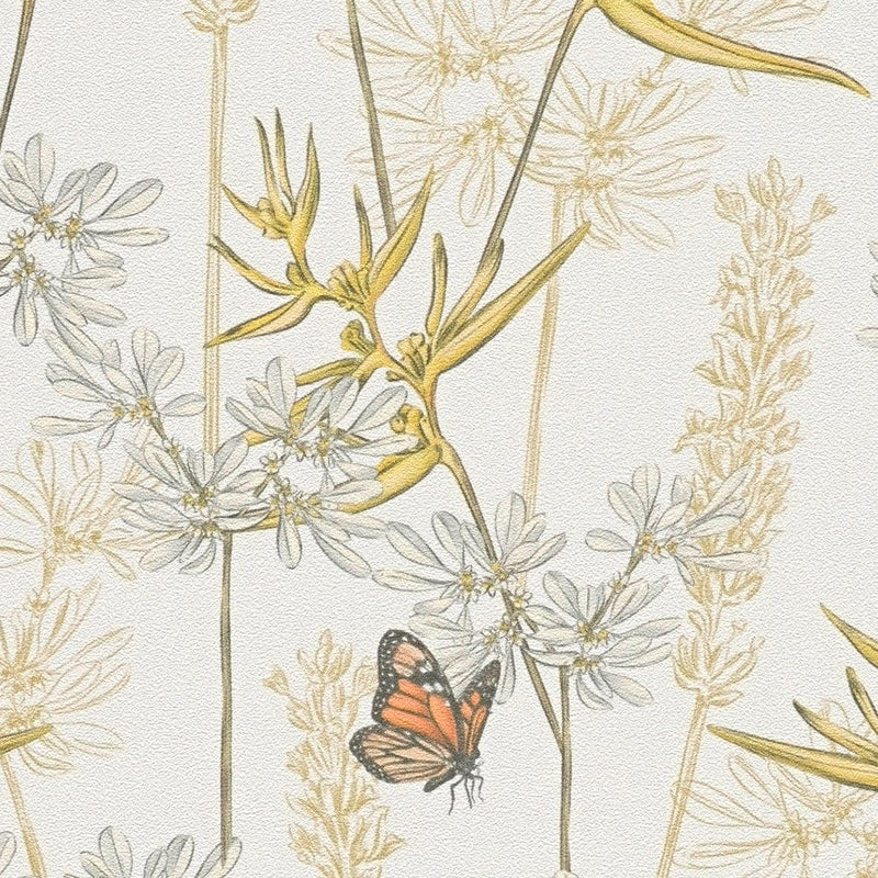 Цветочные обои с травой и бабочками, матовая текстура, белый и желтый, 1401767 AS Creation