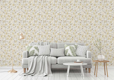 Floral wallpaper with grass and butterflies, matt texture, white and yellow, 1401767 AS Creation