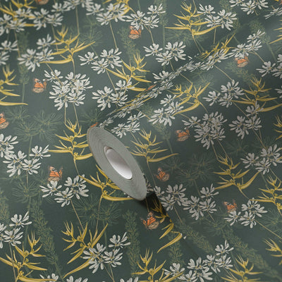Ziedu tapetes ar zāli un tauriņiem, matēta tekstūra, zaļā un dzeltenā, 1401770 AS Creation
