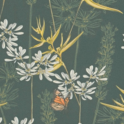 Floral wallpaper with grass and butterflies, matt texture, green and yellow, 1401770 AS Creation