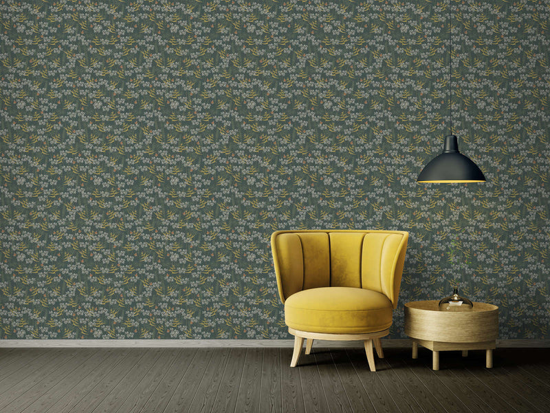 Floral wallpaper with grass and butterflies, matt texture, green and yellow, 1401770 AS Creation