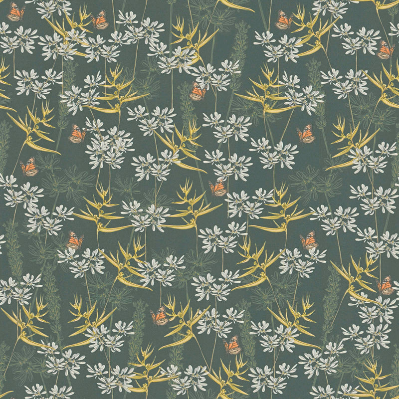Gėlių tapetai su žole ir drugeliais, matinė tekstūra, žalia ir geltona, 1401770 AS Creation