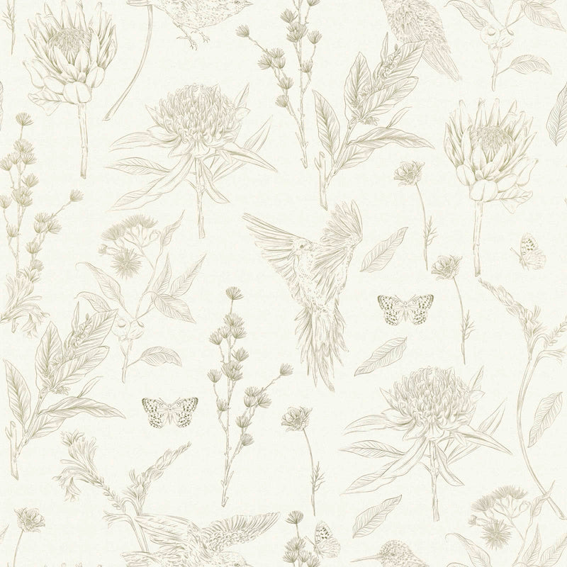 Floral wallpaper with flowers and birds: white and green, 1402065 AS Creation