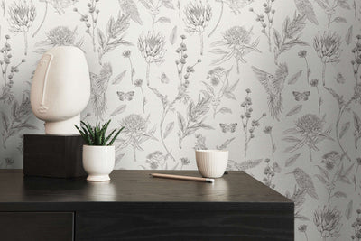 Floral wallpaper with flowers and birds: black and white, 1402064 AS Creation