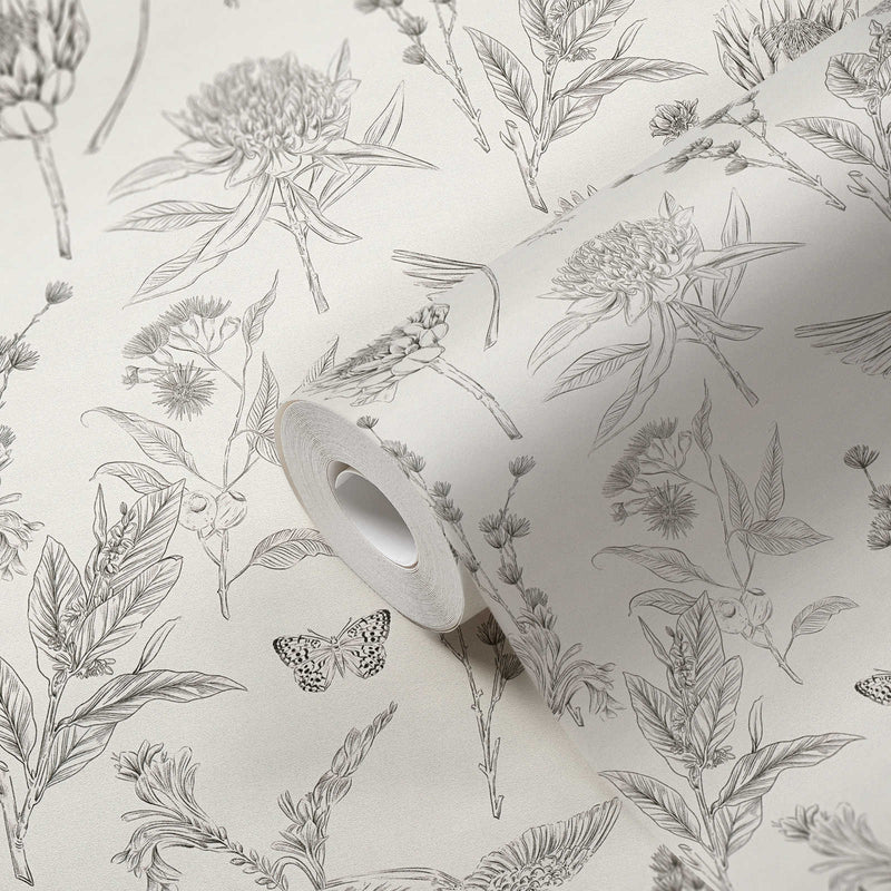 Floral wallpaper with flowers and birds: black and white, 1402064 AS Creation