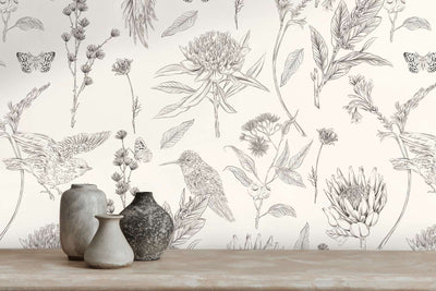 Floral wallpaper with flowers and birds: black and white, 1402064 AS Creation