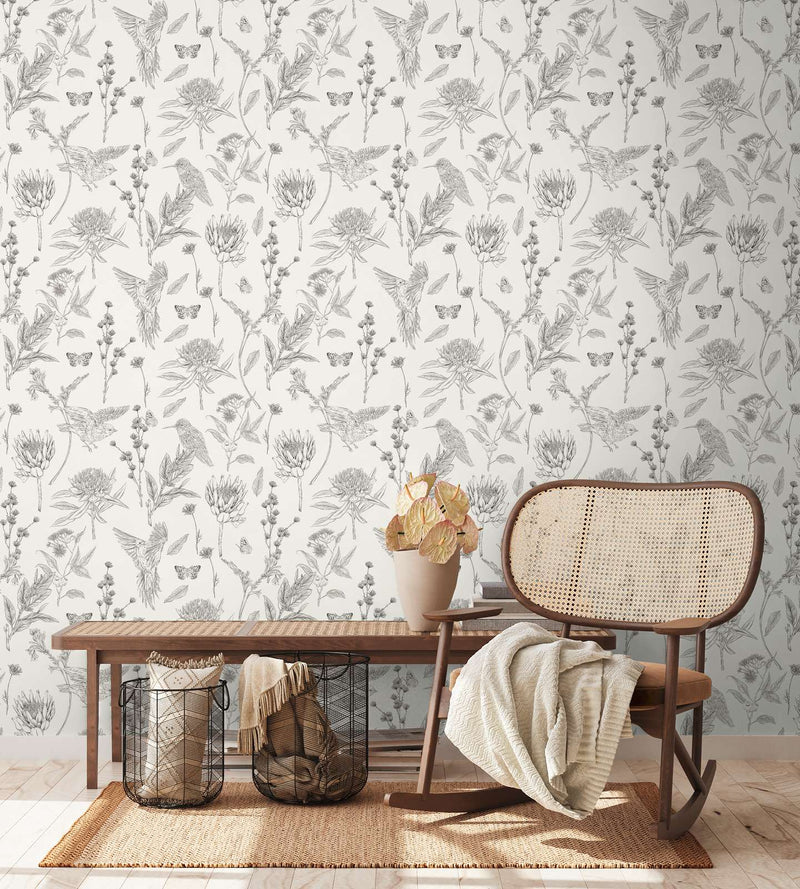 Floral wallpaper with flowers and birds: black and white, 1402064 AS Creation