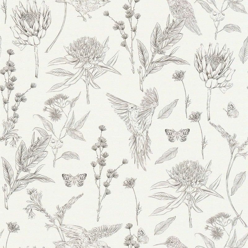 Floral wallpaper with flowers and birds: black and white, 1402064 AS Creation