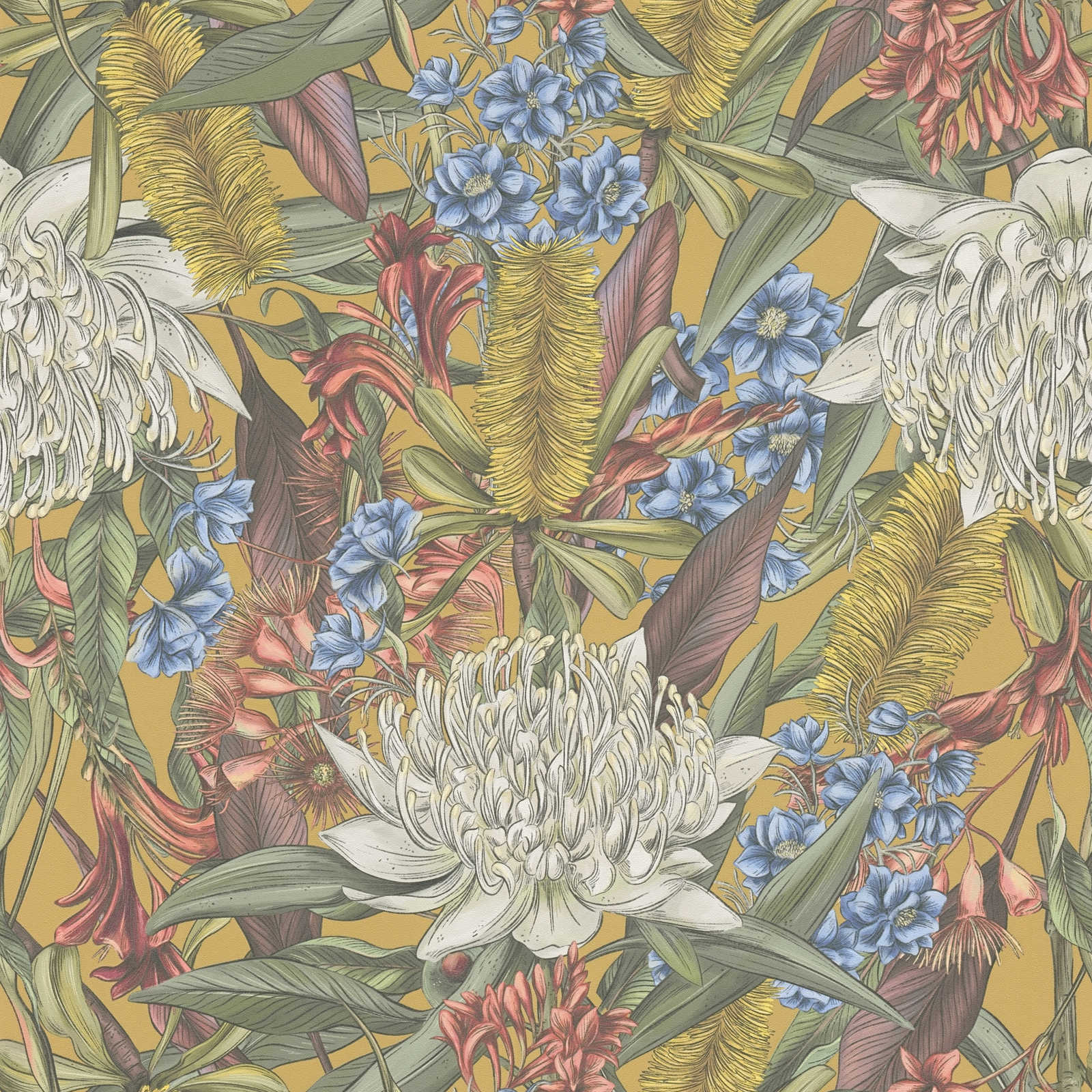 Ziedu tapetes džungļu stilā ar lapām un ziediem, AS Creation 394284 AS Creation